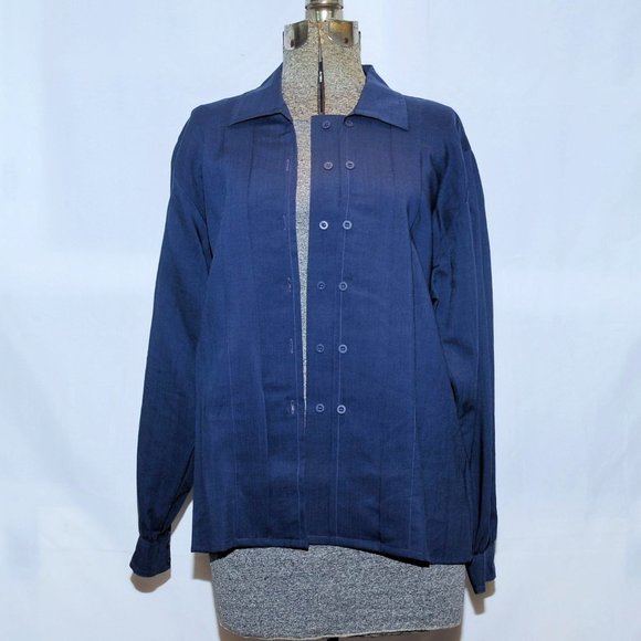 VTG 80's Jaeger Navy Blue Fine Lightweight Wool Blouse Double Front Buttons M/L - Picture 6 of 13